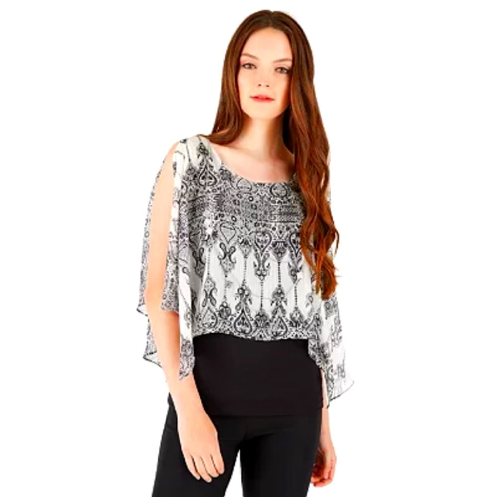 iZ BYER -- Split-Sleeve Overlay Blouse w/ Attached Long Layered Necklace
